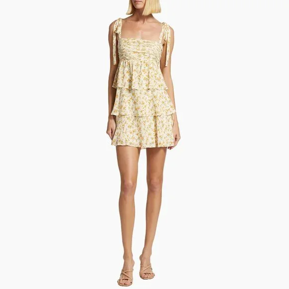 Reformation Avni Ruched Babydoll Mini Dress - White & Yellow Floral Print - XL - Picture 3 of 16